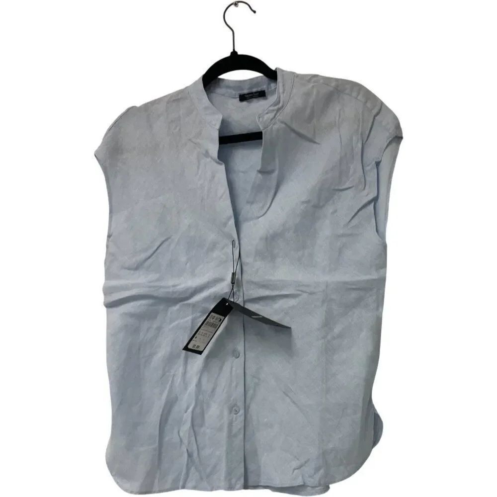 Massimo Dutti Womens Linen shirt Blouse XS Stand-up Collar Blue 5162/543 NWT